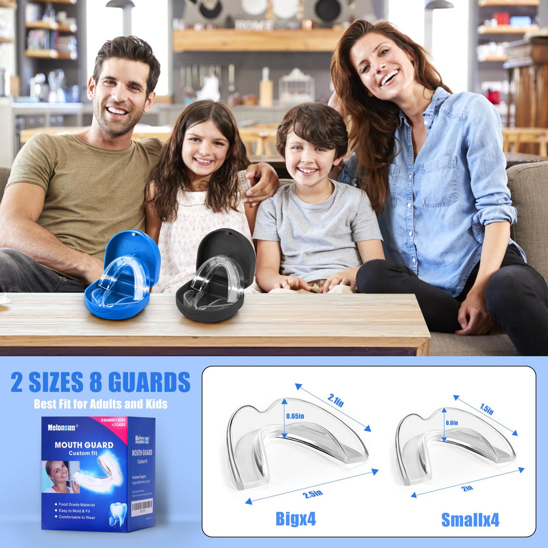 Pack of 8 Moldable Mouth Guards for Teeth Grinding, Night Guard for Teeth Grinding, Including 4 Regular & 4 Bigger Guards- Stops Bruxism, TMJ, Teeth Whitening Tray & Sports(8 Pack & 2 Hygiene Cases)
