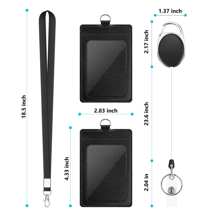 2 Pack Badge Holders, Vertical PU Leather ID Badge Card Holder with Detachable Neck Lanyard Strap and Retractable Badge Reel ID Card Holders Set