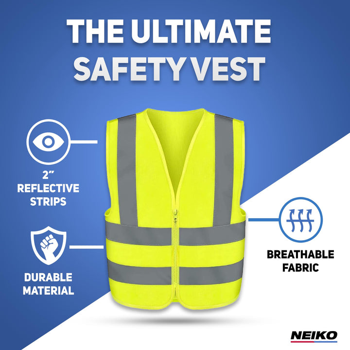Neiko 53942A High Visibility Safety Vest with Reflective Strips | Size X-Large | Neon Yellow Color | Zipper Front | For Emergency, Construction and Safety Use