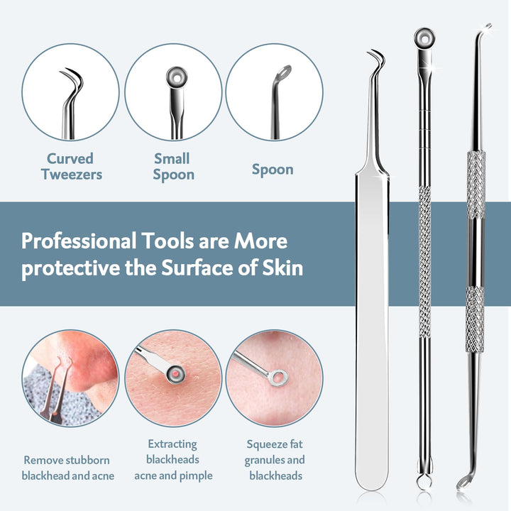 Pimple Popper Tool kit 15 Pcs, Comedone Extractor Blackhead Remover Tool Kit for Whitehead Popping, Stainless Steel Pimple Extractor with Metal Case and 10X Beauty Magnifier
