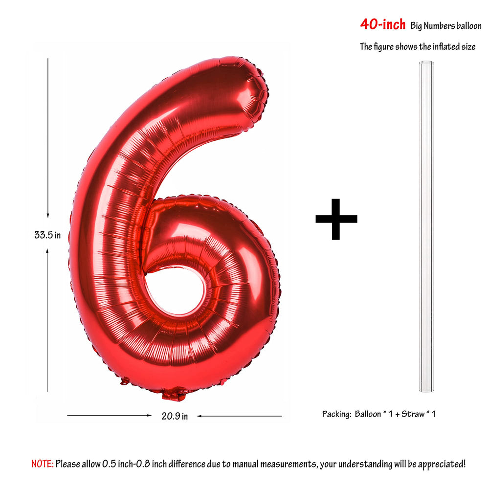 40 Inch Red Large Numbers Birthday Party Decorations Helium Foil Mylar Big Number Balloon Digital 6, 1 Piece