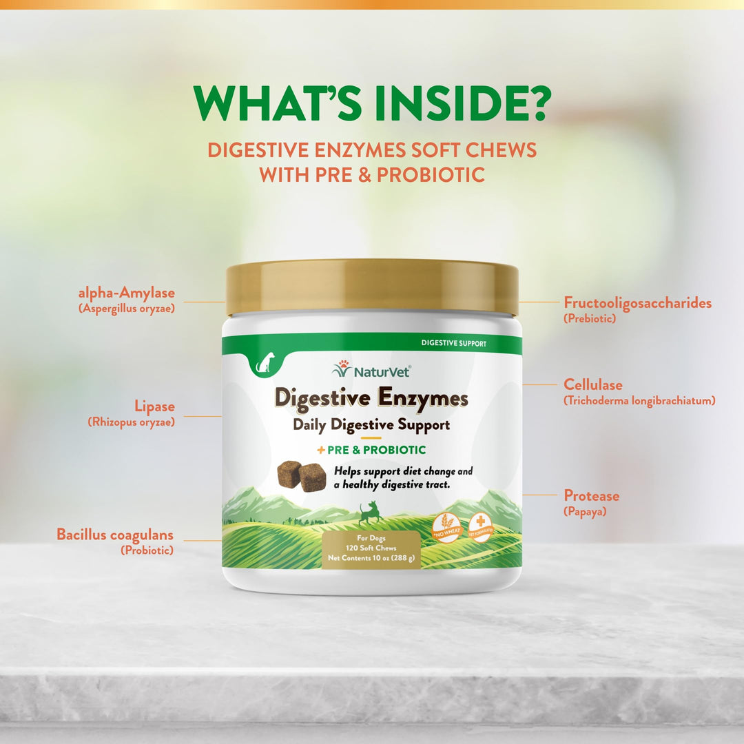 – Digestive Enzymes - Plus Probiotics & Prebiotics – Helps Support Diet Change & A Healthy Digestive Tract – for Dogs & Cats (Soft Chews, 120 Count)