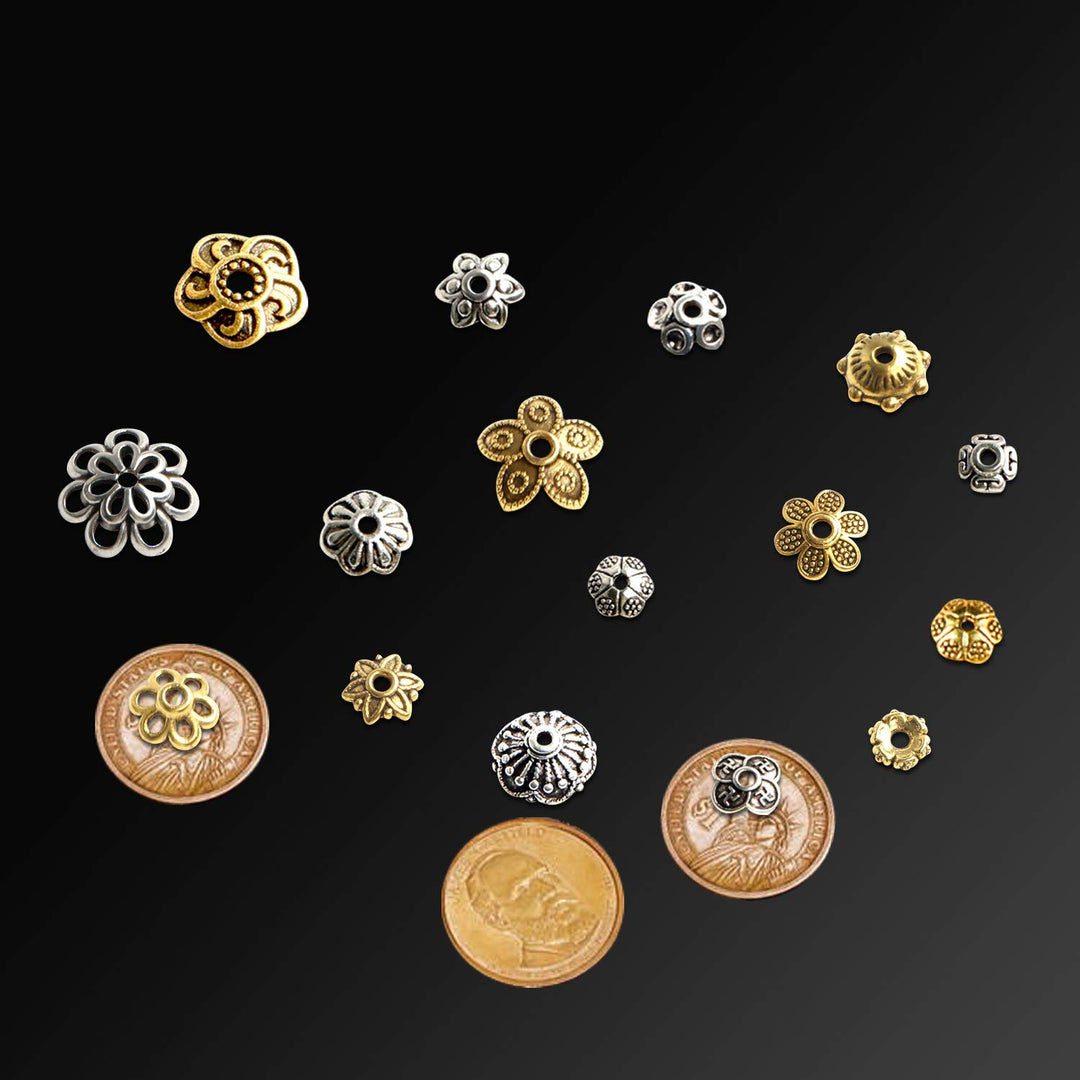About 160Pcs Spacer Beads Caps, Bali Style Mixed Tibetan Silver and Antique Gold Flower Bead Caps for Bracelet Necklace Earrings Jewelry Making Supplies