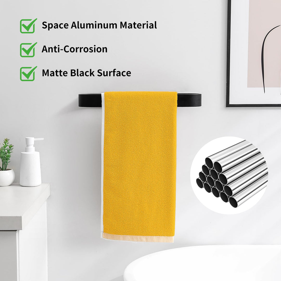 Adhesive Towel Bar for Bathroom Black 17.3 in, Hand Towel Holder Wall Mounted Kitchen Towel Rack with 2 Hooks, No Drilling Glue/Screw in