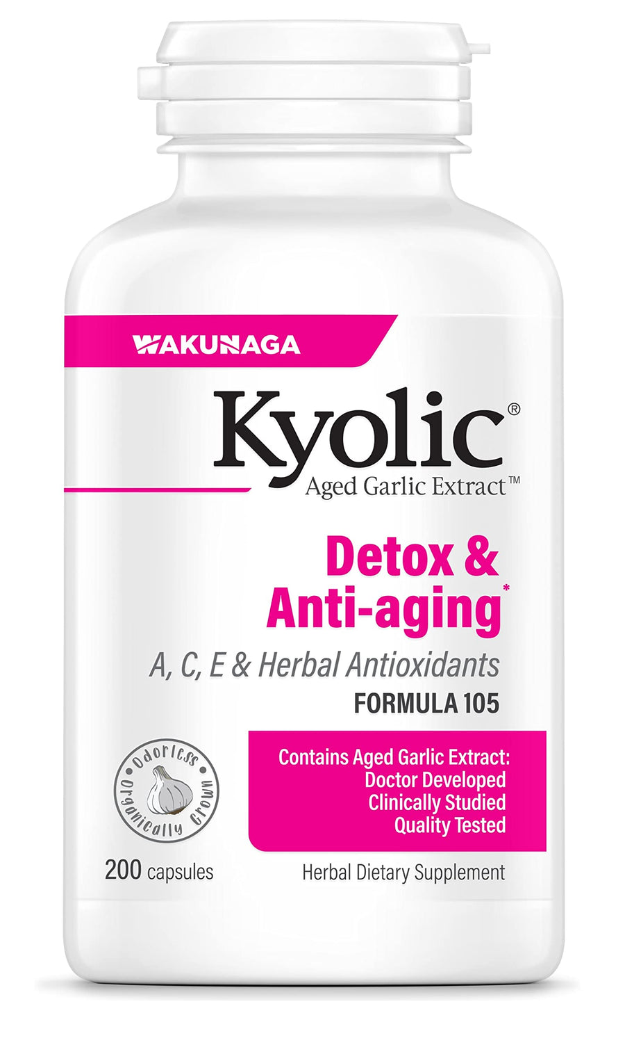 Aged Garlic Extract Formula 105, Detox & Anti-Aging, 200 Capsules (Packaging May Vary)
