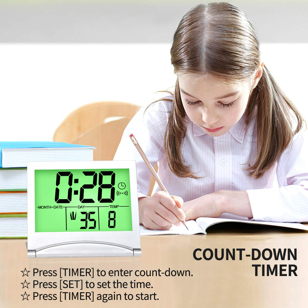 Digital Travel Alarm Clock with Backlight - Foldable Calendar Temperature Timer LCD Clock with Snooze Mode - Large Number Display, Battery Operated - Compact Desk Clock