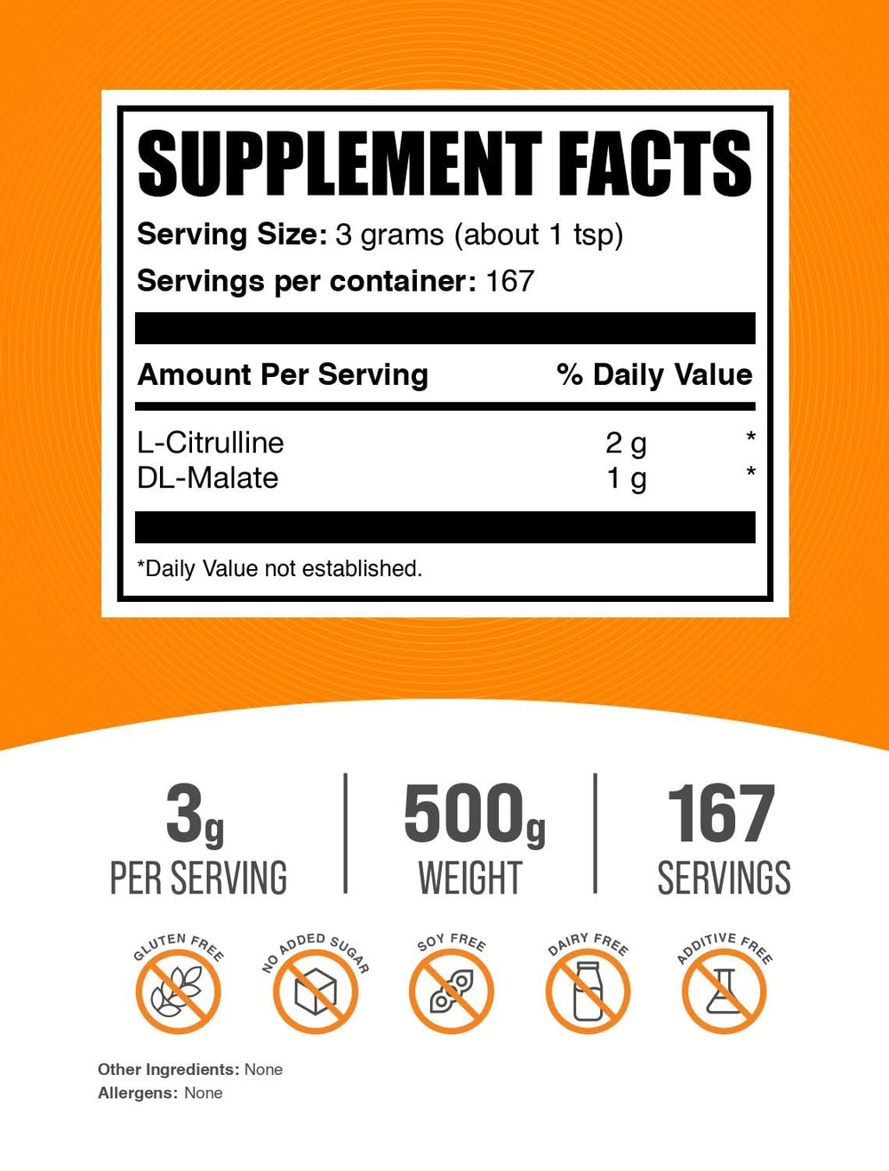 .com L-Citrulline Malate 2:1 Powder - Nitric Oxide Boost, Citrulline Malate Supplement - Unflavored & Gluten Free - 3g per Servings, 500g (1.1 lbs) (Pack of 1)