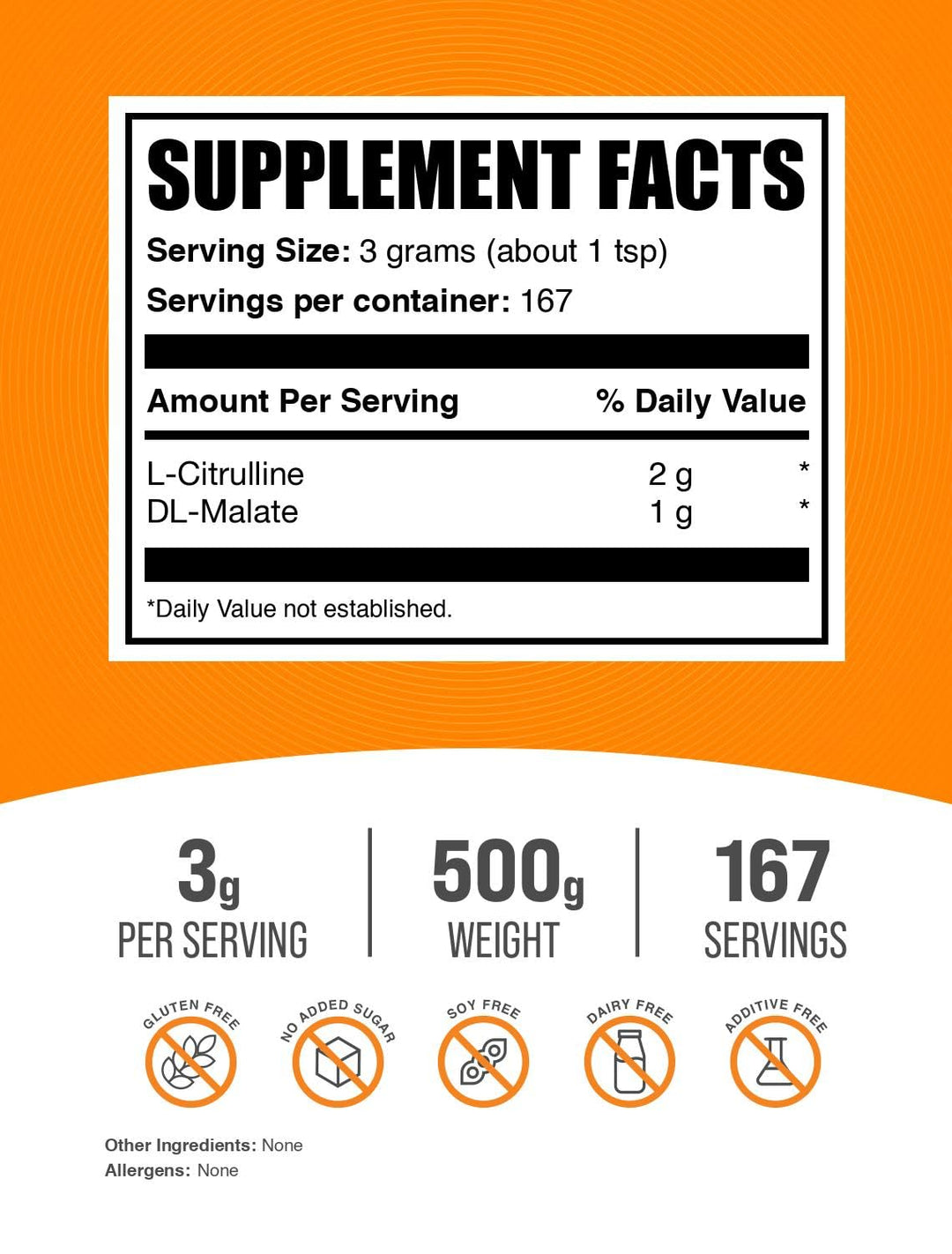 .com L-Citrulline Malate 2:1 Powder - Nitric Oxide Boost, Citrulline Malate Supplement - Unflavored & Gluten Free - 3g per Servings, 500g (1.1 lbs) (Pack of 1)