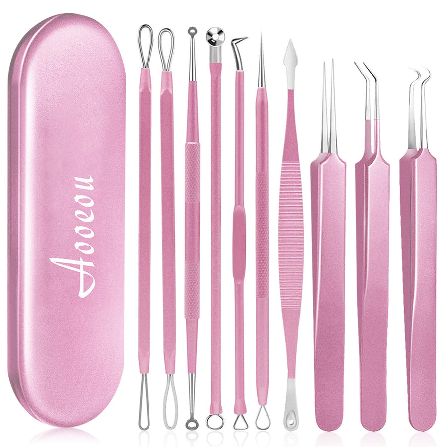 Blackhead Remover Tool, 10Pcs Professional Pimple Popper Tool Kit - Easy Removal for Whitehead Popping, Zit Removing for Risk Free Nose Face, Anti-Slip Coating Handle(Pink)