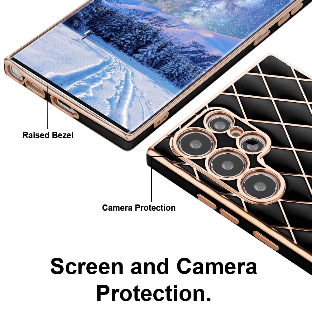 Compatible with Galaxy S22 Ultra Case,Luxury Plating Lattice Design with Slim Soft Back TPU Bumper,Camera Lens Protection Phone Case Cover for Samsung Galaxy S22 Ultra-Black