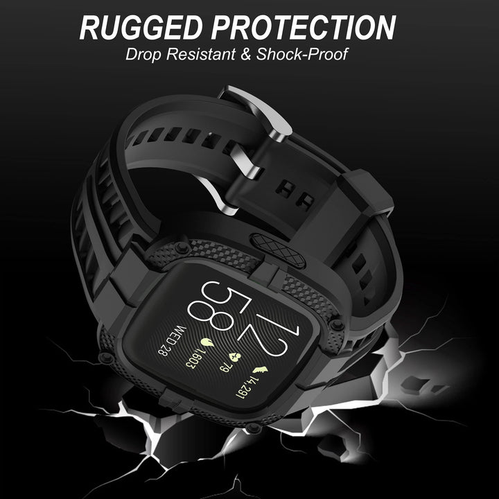 Compatible for Fitbit Versa 2 Bands All Round Protective Case Rugged Sport Band Wristbands for Men Women Black