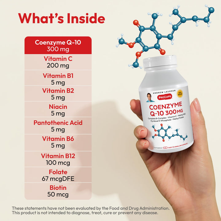 Coenzyme Q-10 300 mg 60 Capsules - Essential for Energy Production and Optimum Key Organ Function, Anti-Oxidant Support, Depleted by Aging, Plus B-Complex. Easy to Swallow Capsules