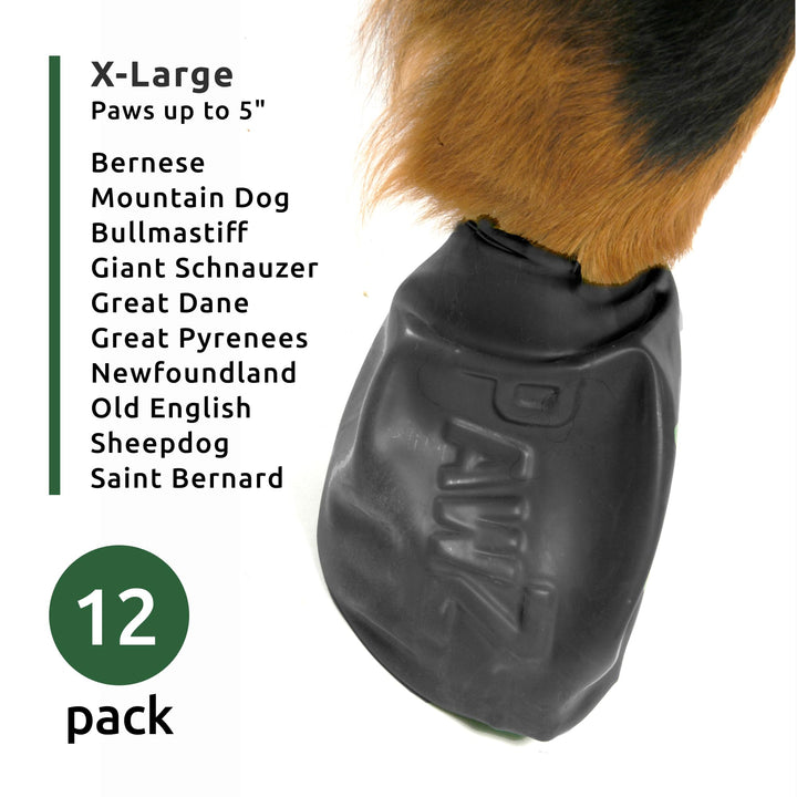 PawZ Rubber Dog Boots for Paws 4 and Up, 12 Pack - All-Weather Dog Booties for Hot Pavement, Snow, Mud, and Rain - Waterproof, Anti Slip Dog Socks - X-Large, Black