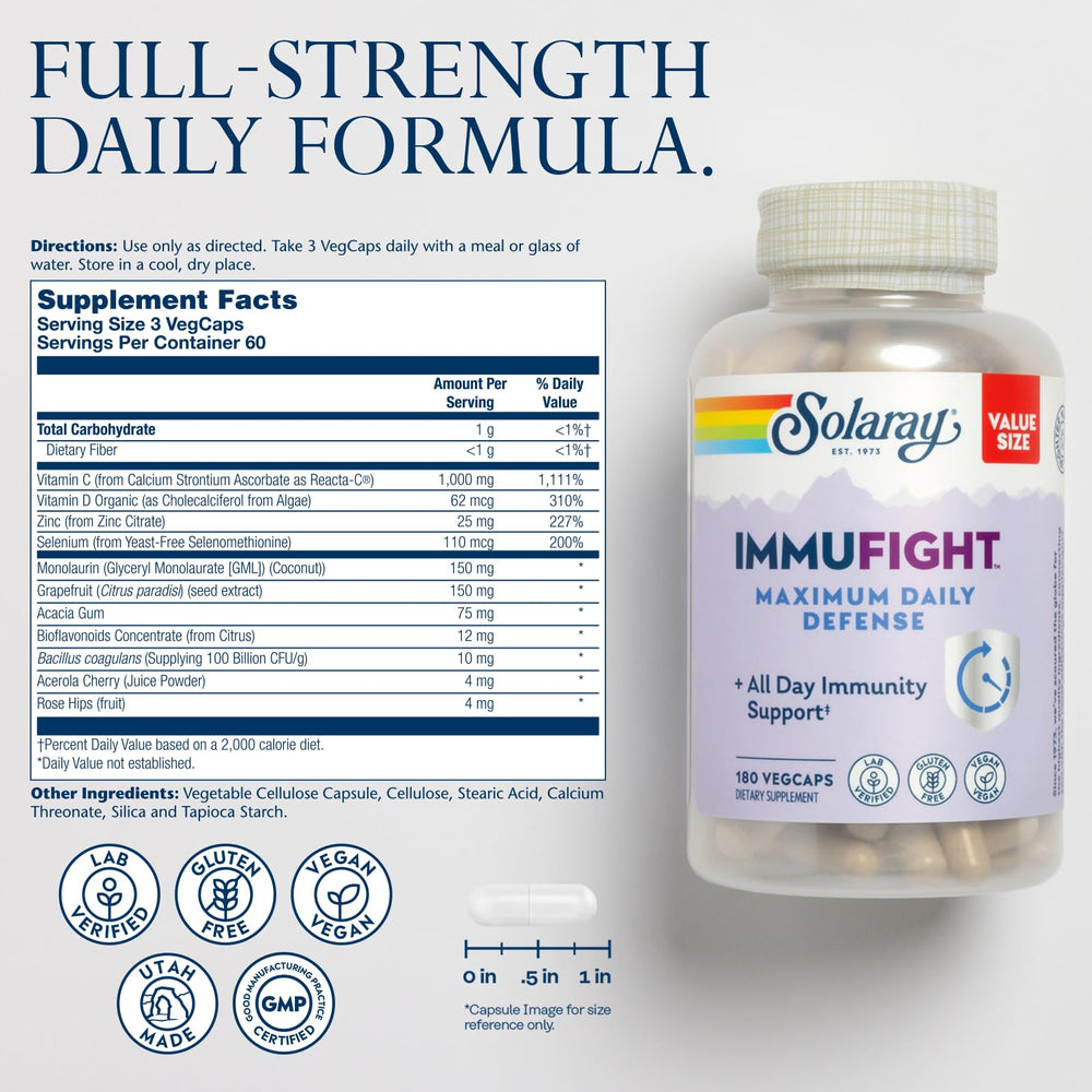Immufight Maximum Daily Defense, All Day Immune Support, Vitamin C, Vitamin D, Zinc, Probiotics, Monolaurin, Acerola & More, Vegan & Gluten Free, 60 Day Guarantee (180 CT, 60 Serv)