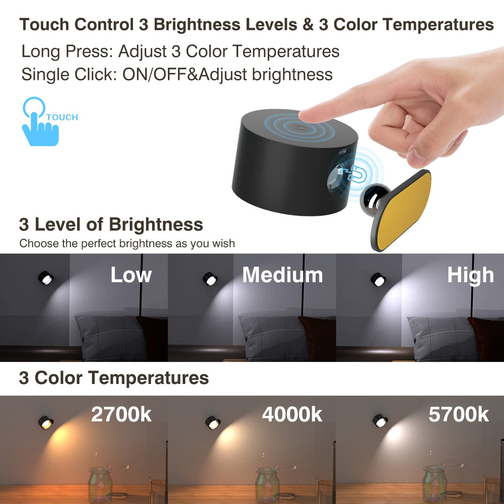 LED Reading Lights, Wall Mounted Sconces with 3 Color Temperatures & 3 Brightness Levels Rechargeable Battery Magnetic Ball 360°Rotation Touch Control, Lamps for Kids Study Bedside Closet