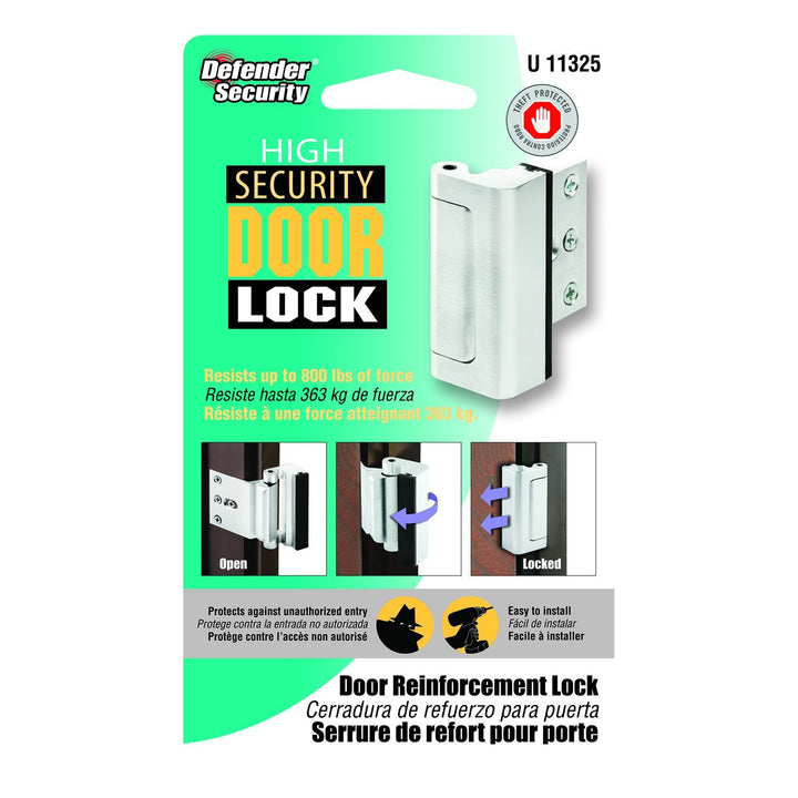 Prime-Line U 11325 Door Reinforcement Lock – Add Extra, High Security to your Home and Prevent Unauthorized Entry – 3” Stop, Aluminum Construction, Brushed Chrome (Single Pack)