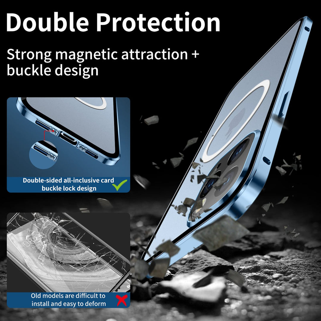 Case for iPhone 13 Pro Max, Compatible with Magsafe 360 Degree Full Body Protection Case Magnetic Attraction Metal Bumper+Front Glass+PC Back Cover for iPhone 13 Pro Max (6.7 inch) (Blue)