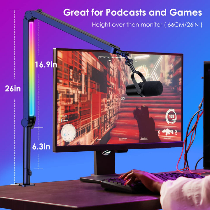 RGB Mic Boom Arm for Fifine, HyperX QuadCast 1/2 / QuadCast S/SoloCast, Shure SM7B / MV7, Blue Yeti, Rode, Shure, Razer, Gaming Mic and Most Microphones using 3/8 to 5/8 Adapter