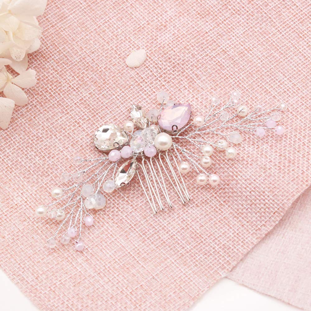 Handmade Wedding Pink Crystal Beads Hair Comb with Pearl for Brides Bridal Cute Headpiece Prom Hair Dress(Silver)