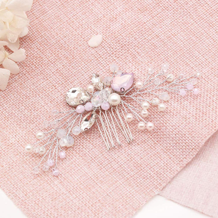 Handmade Wedding Pink Crystal Beads Hair Comb with Pearl for Brides Bridal Cute Headpiece Prom Hair Dress(Silver)