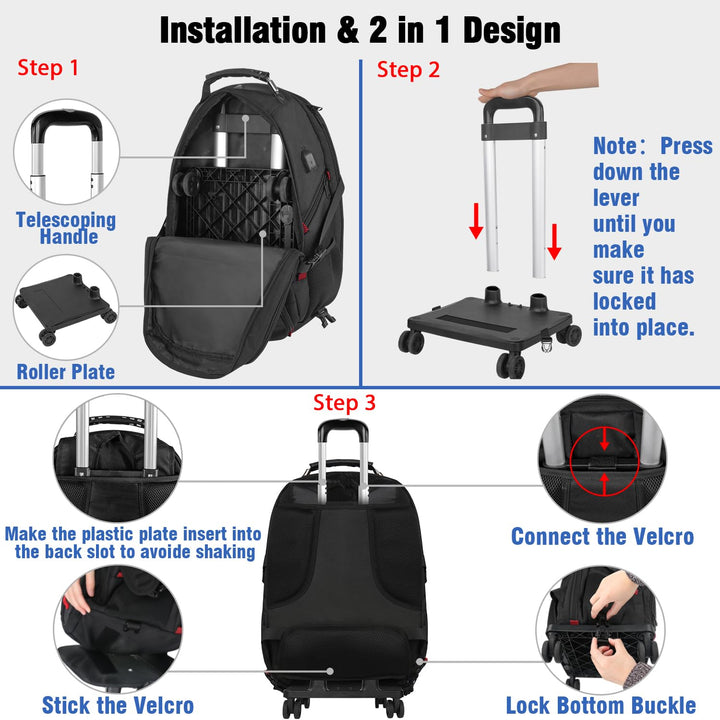 Rolling Backpack with Wheels, Backpack on Wheels for Adults with USB Charging Port, 17 inch Wheeled Roller Laptop Backpack for Travel Business College, Gifts for Men Women, Black