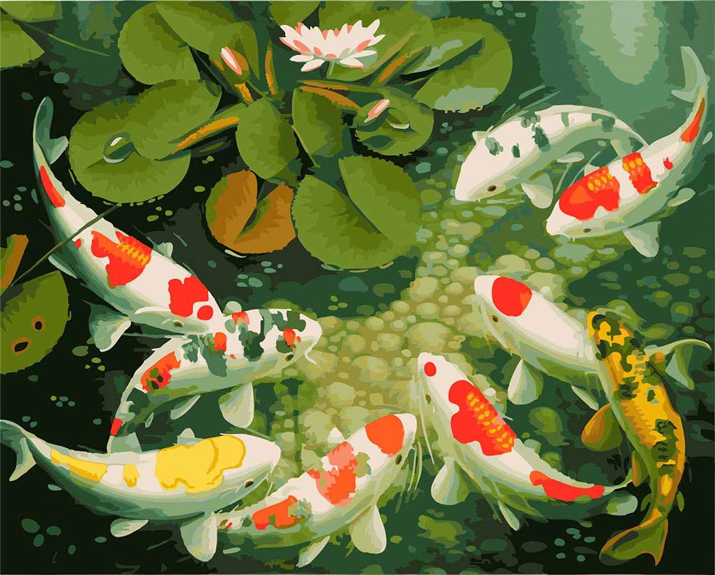 Paint by Numbers Kits, Amiiba Koi Carp Lotus Pond DIY Kits 16x20 inch Acrylic Painting by Number Wall Art Crafts (Carp, Without Frame)
