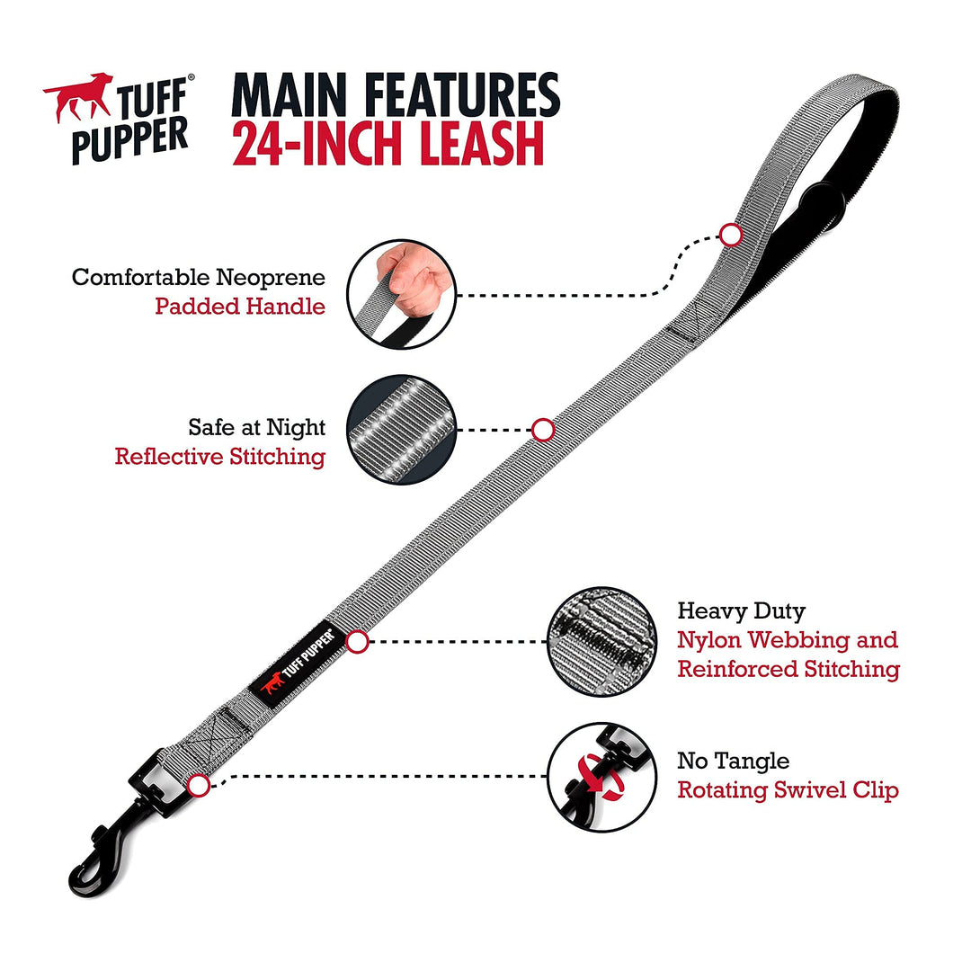 Short Dog Leash for Dog Training | 24 Inch | Perfect for Service Dog Harness & Short Training Leash | Traffic Leash Handle w/Padding | Short Leash Dog Coupler Steel Gray