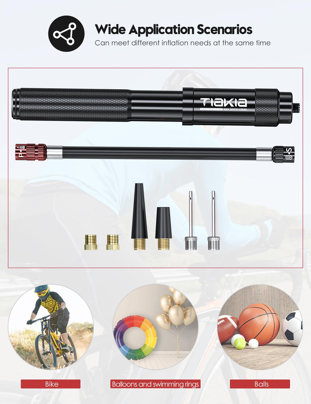 Mini Bike Pump,Portable Compact Bicycle Pump,High Pressure Frame Pump 260PSI- Air Hand Pump Fit Presta, Schrader & Woods Valves,Aluminum Alloy Durable Tire Pump for Road/Mountain/BMX Bikes