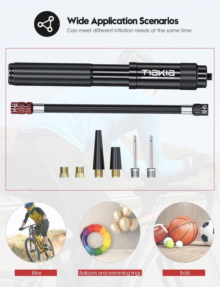Mini Bike Pump,Portable Compact Bicycle Pump,High Pressure Frame Pump 260PSI- Air Hand Pump Fit Presta, Schrader & Woods Valves,Aluminum Alloy Durable Tire Pump for Road/Mountain/BMX Bikes