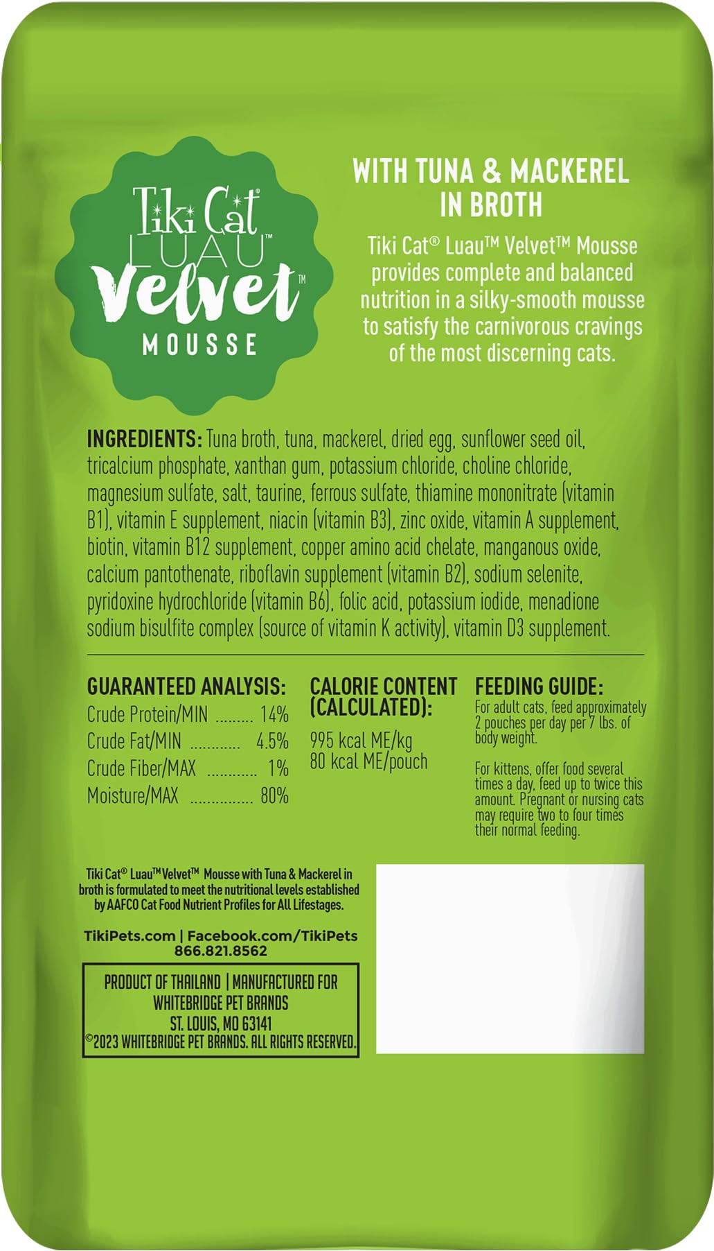 Tiki Cat Luau Velvet Mousse, Tuna & Mackerel in Broth, Complete Nutrition for Balanced Diet, Wet Cat Food For All Life Stages, 2.8 oz. Pouch (12 Count)