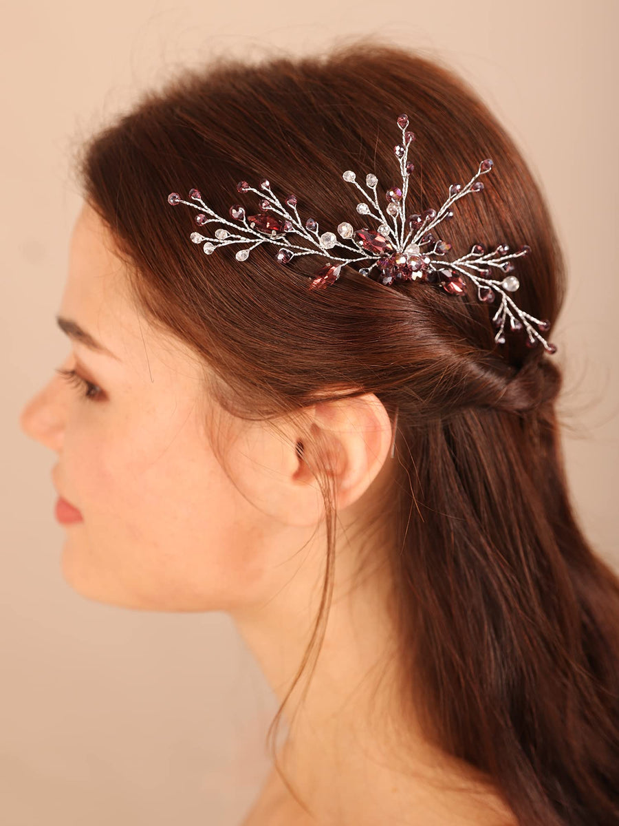 Purple Silver Hair Piece for Wedding Brides Women Bohemia Handmade Crystal Hair Accessory (Purple)