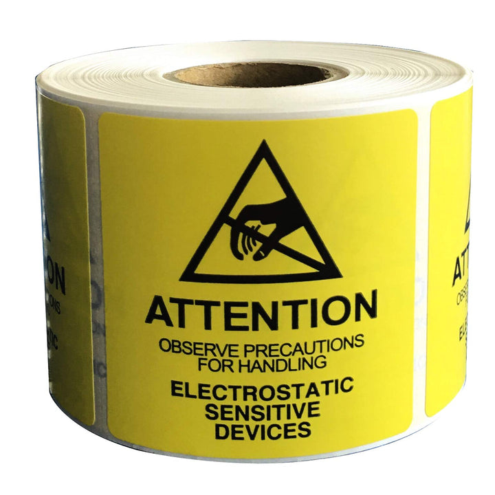 Self Adhesive Static Warning Sticker Label, Attention - Observe Precautions for Handling - Electrostatic Sensitive Devices, 2x2 Inches Anti-Static ESD Label Perforated, 500 per Roll