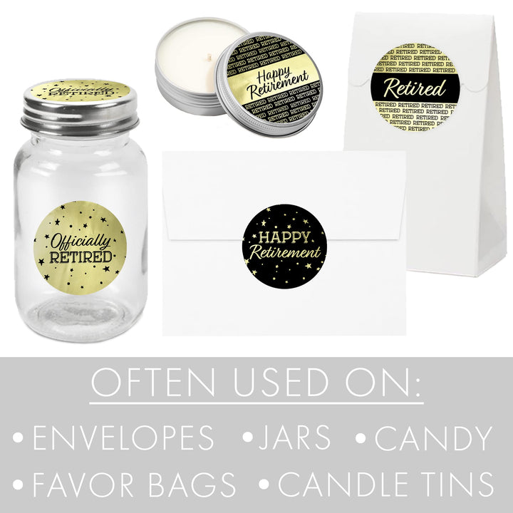 Black and Gold Retirement Party Favor Labels - 1.75 in Shiny Foil - 40 Stickers