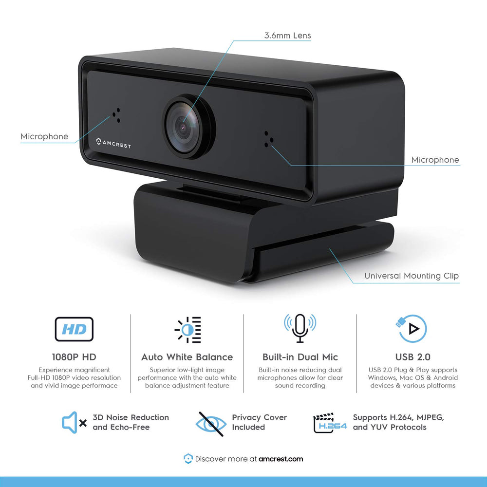 1080P Webcam with Microphone & Privacy Cover, 2 Noise-Cancelling Mics, USB Webcams for Desktop/Laptop PC Computer, Web Cam for Calls, Conference, Zoom, Skype, Online Classes, Meetings AWC2198