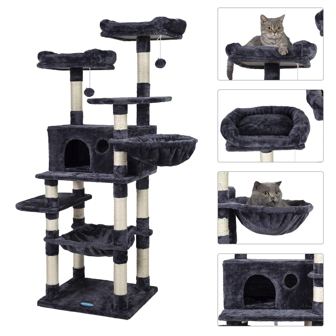 Cat Tree for Large Cats, Cat Tower with Scratching Posts, 2 Padded Plush Perches, Big Condo and Cozy Basket, Smoky Gray MPJ025G