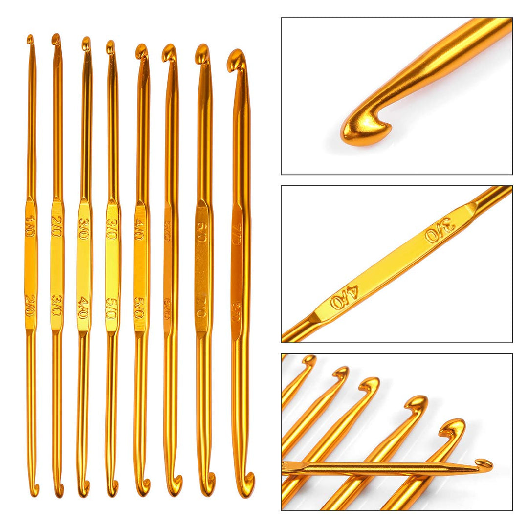 Crochet Hooks Set with Storage Case, 8PCS Double Ended Crochet Hooks Golden Aluminum Sweater Yarn Knitting Needles Weave Craft Tool Kit for DIY Sewing, 1-8mm