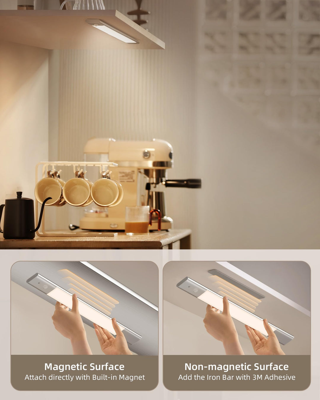 Under Cabinet Lighting, Rechargeable 2200mAh Detachable Battery, 76 LED Dimmable Closet Lights, 3 Color Temps, Wireless Motion Sensor Light for Kitchen, Stairway, Wardrobe