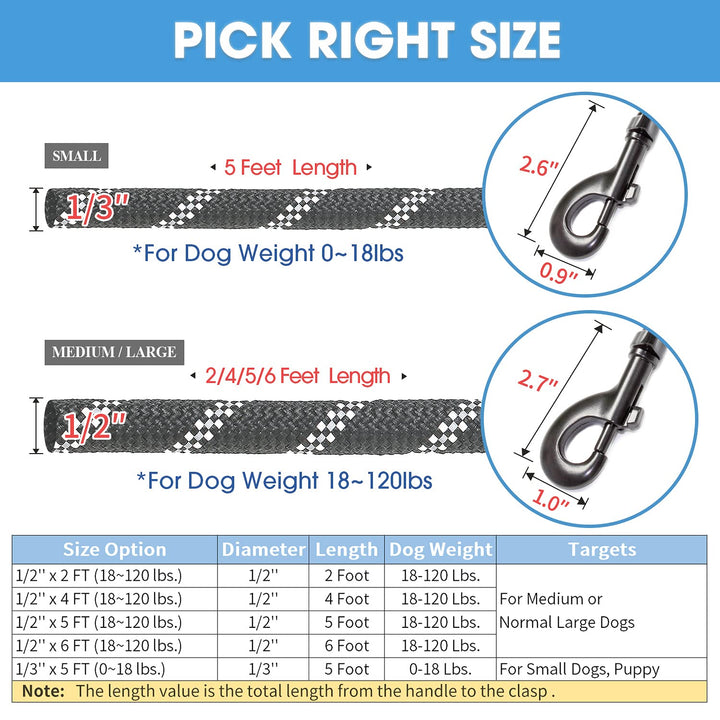 2/4/5/6 FT Dog Leash with Comfortable Padded Handle and Highly Reflective Threads for Small Medium and Large Dogs (6FT-1/2'', Black)