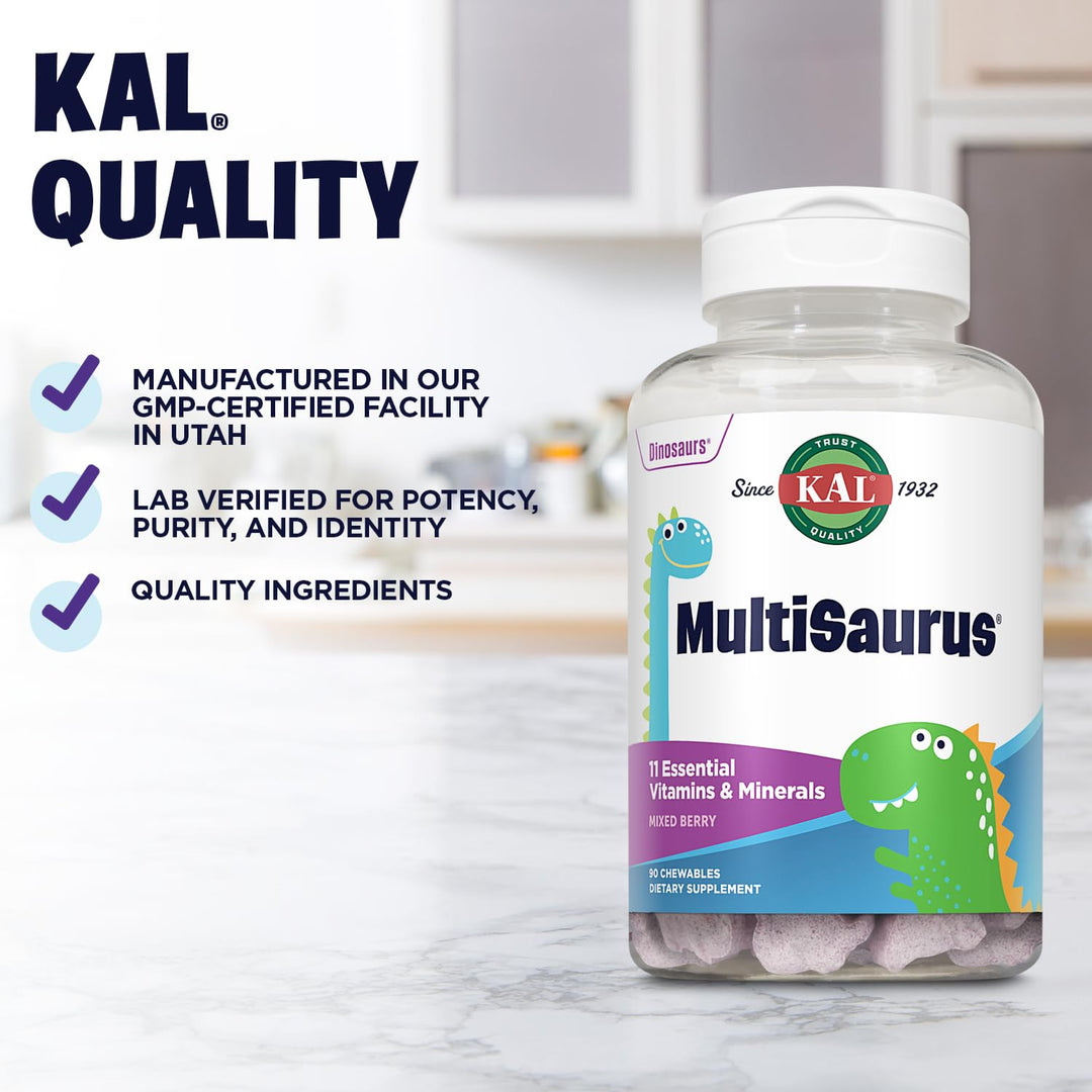 MultiSaurus Kids Chewable Multivitamins, 11 Essential Vitamins and Minerals for Kids, Mixed Berry Flavor, Gluten and Preservative Free, 90 Servings, 90 Dinosaur-Shaped Chewables