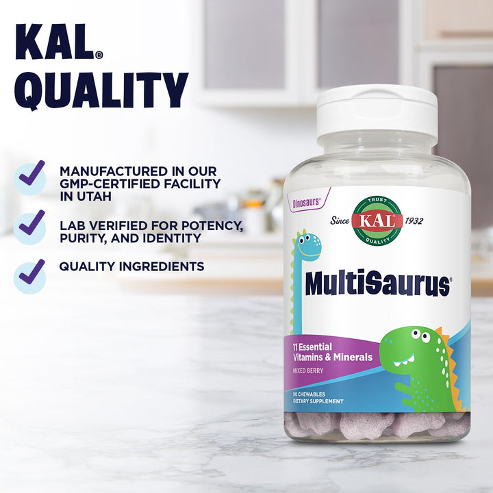 MultiSaurus Kids Chewable Multivitamins, 11 Essential Vitamins and Minerals for Kids, Mixed Berry Flavor, Gluten and Preservative Free, 90 Servings, 90 Dinosaur-Shaped Chewables