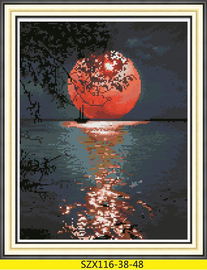 Moon Cross Stitch Kits for Adults, Full Range of Embroidery Starter Kit for Beginners Cross-Stitch Kits 11CT Stamped Pre-Printed Pattern, 3Strands Cross-Stitching DIY for Crafts Decor, 14.17x14.17inch