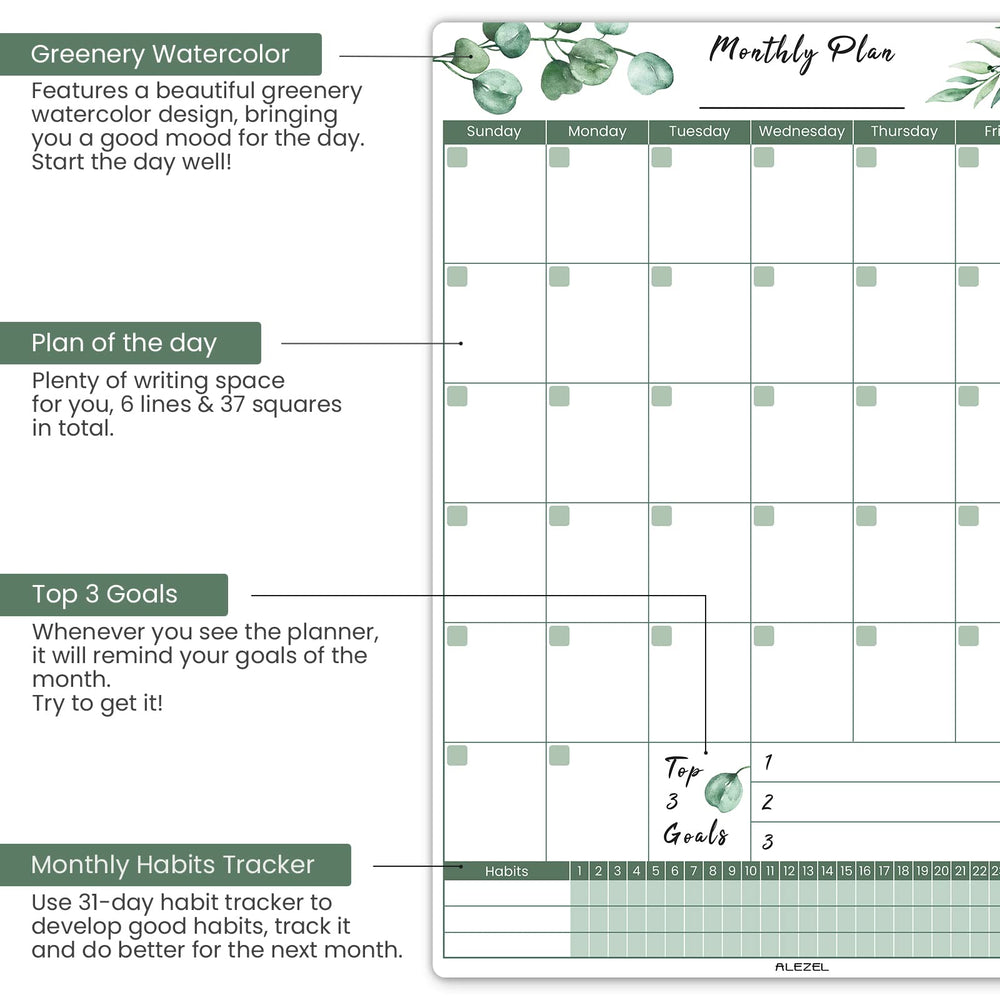 Magnetic Dry Erase Calendar for Fridge, Greenery Monthly Fridge Calendar Whiteboard Set - Vertical Monthly Calendar for Refrigerator, Grocery & to Do List White Board, 3 Markers + Eraser