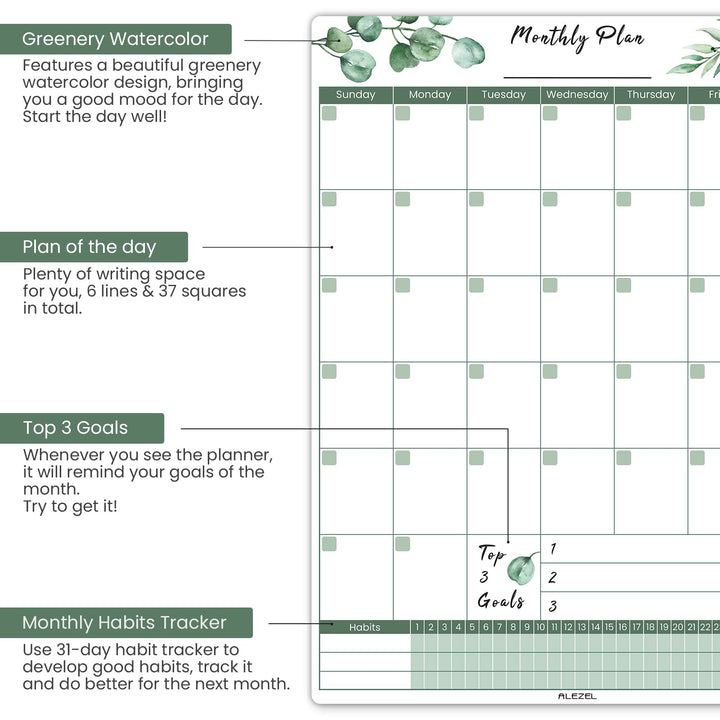 Magnetic Dry Erase Calendar for Fridge, Greenery Monthly Fridge Calendar Whiteboard Set - Vertical Monthly Calendar for Refrigerator, Grocery & to Do List White Board, 3 Markers + Eraser