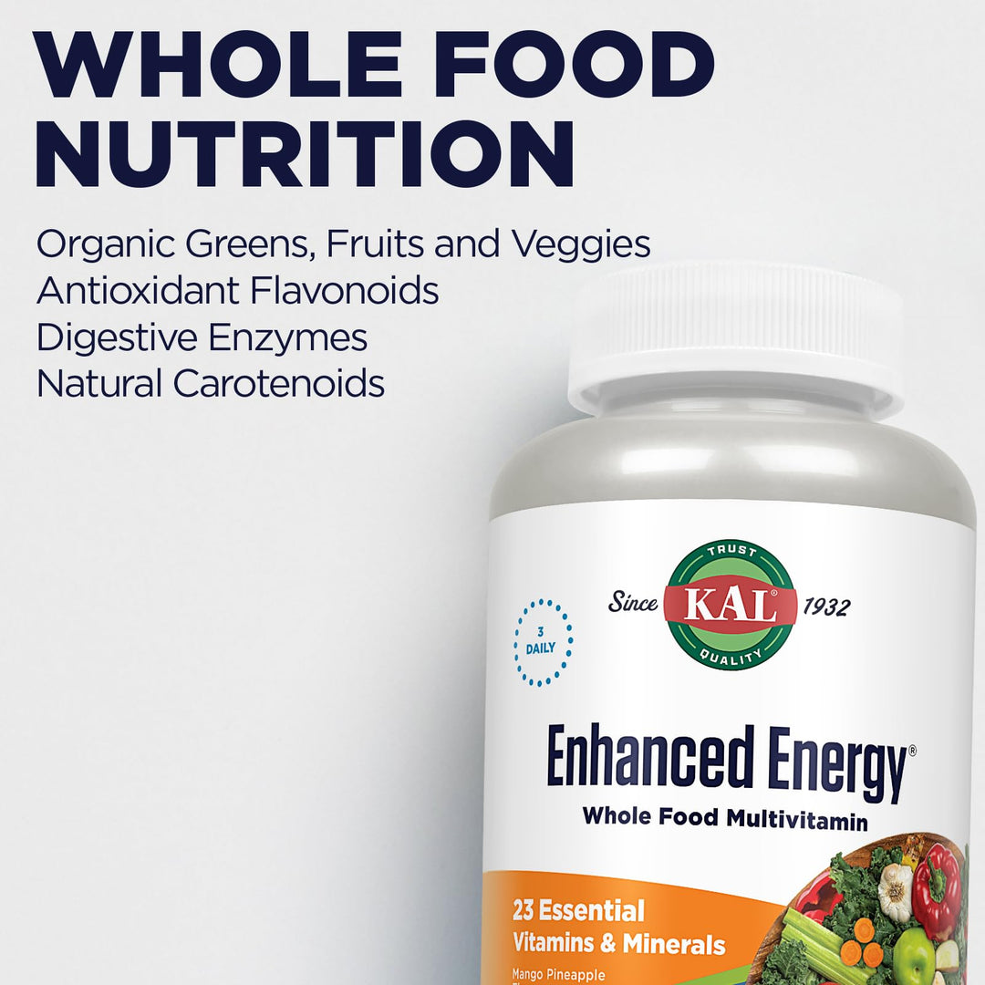 Enhanced Energy Supplements, Whole Food Chewable Multivitamin with Iron, 3 Daily, 23 Essential Vitamins and Minerals, Super Foods, Enzymes, Mango Pineapple Flavor, 60-Day Guarantee, 20 Serv, 60ct