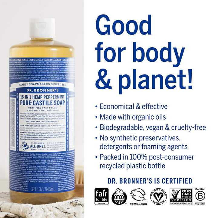 Dr. Bronner's Magic Soaps Pure Castile Soap 18-in-1 Hemp Peppermint, 32 Oz Bottle