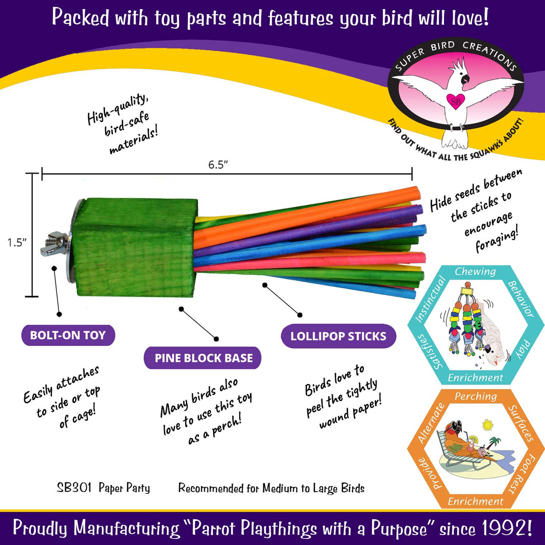 - SB301 Chewable Paper Party Bird Toy with Colorful Lollipop Sticks - Ringnecks Medium Conures Parrot - Chew Enthusiasts - Enriching Bird Toys for Medium to Large Birds - 1-Pack