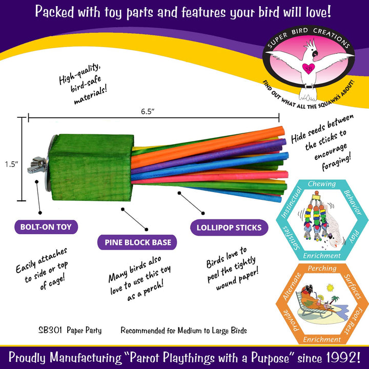 - SB301 Chewable Paper Party Bird Toy with Colorful Lollipop Sticks - Ringnecks Medium Conures Parrot - Chew Enthusiasts - Enriching Bird Toys for Medium to Large Birds - 1-Pack