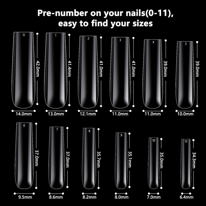 120Pcs Extra Long Nail Tips with Box,Clear XXL Straight Tapered Square Full Cover Nail Tips, Press On False Nail Tips for Salons and DIY Nail Art at Home(12 Sizes)