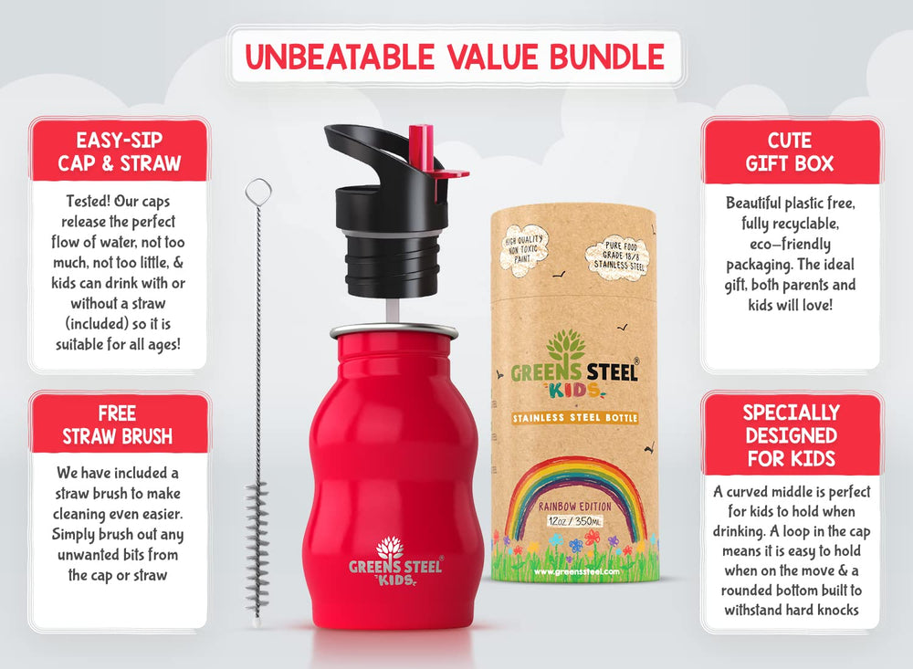 Kids Water Bottle with Straw & Handle, 12 oz Red - Eco Friendly Toddler Cups with Straws - Easy Sip Metal Water Bottle for Kids - Cute Stainless Steel Water Bottles for Children - Leak Proof Lid