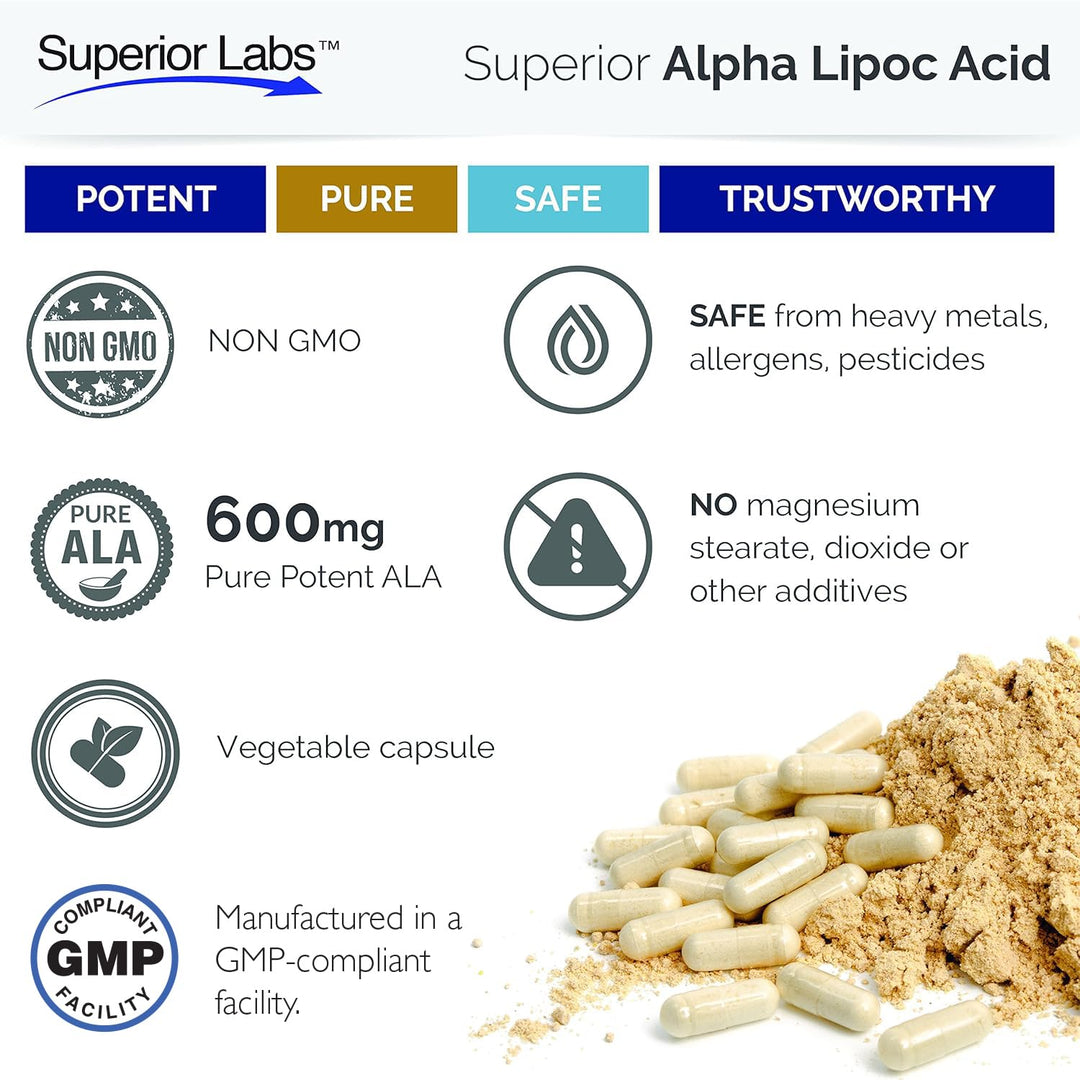 Alpha Lipoic Acid - Pure Non-GMO ALA 600mg (4 Month Supply) 120 Servings - Zero Synthetic Additives - Supports Healthy Aging, Nerve Health, Tingling Feet, Hands & Overall Wellbeing